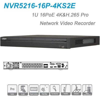 Dahua NVR5216-16P-I NVR snemalnik za varnostne kamere (16 kanalov, 16 portov af / at PoE; H265 +, 320Mbps, HDMI + VGA, 2xUSB, 2x Sata, I / O; AI)