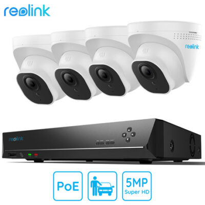 Komplet Reolink RLK8-520D4-A, 1x NVR snemalna enota (2TB HDD), 4x IP kamere RLC-520A, zaznavanje oseb / vozil, 5MP ločljivost, IR LED luči, snemanje zvoka, aplikacija, IP66 vodoodpornost