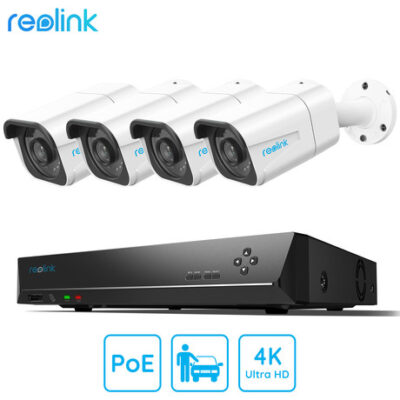 Reolink RLK8-800B4-A varnostni komplet, 1x NVR snemalna enota (2TB) + 4x IP kamere B800, zaznavanje gibanja / oseb / vozil, 4K Ultra HD, IR LED luči, snemanje zvoka, aplikacija, IP66 vodoodpornost