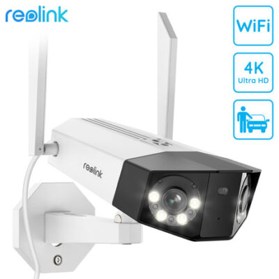 Reolink DUO 2 WiFi IP kamera, dva objektiva, 4K Ultra HD, WiFi, 180° smenalni kot, IR nočno snemanje, LED reflektorji, aplikacija, IP66 vodoodpornost, dvosmerna komunikacija, bela