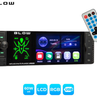 BLOW SPIDER avto radio, RDS, FM Radio, Bluetooth, 4x60W, zaslon na dotik, MirrorLink, RGB LED, telefoniranje, MP3 / USB / microSD / AUX, daljinski upravljalnik, 1-DIN