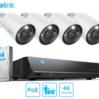 Reolink RLK8-1200B4-A varnostni komplet, 1x NVR snemalna enota (2TB) + 4x IP kamere B1200, zaznavanje gibanja, 4K Ultra HD+, IR LED, dvosmerna komunikacija, aplikacija, IP66