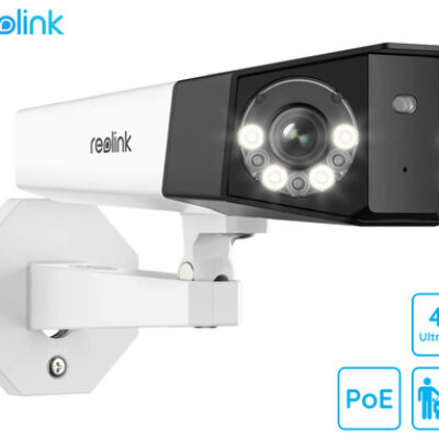 Reolink Duo 2 PoE IP kamera, dva objektiva, 4K Ultra HD, PoE, 180° snemalni kot, IR nočno snemanje, LED reflektorji, aplikacija, IP66 vodoodpornost, dvosmerna komunikacija, bela