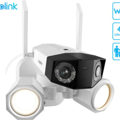 Reolink Duo Floodlight WiFi IP kamera, dva objektiva, 4K Ultra HD, WiFi, 180° snemalni kot, IR nočno snemanje, LED reflektorji, aplikacija, IP66 vodoodpornost, dvosmerna komunikacija, bela