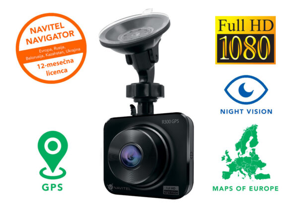 Avto kamera NAVITEL R300 GPS, Full HD, 2" zaslon, Night Vision, GPS, 140° snemalni kot, G-senzor, aplikacija