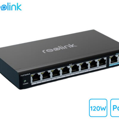 Reolink RLA-PS1 PoE switch / stikalo, 120W, priklop do 8 kamer, samodejno zaznavanje, 4KV električna zaščita, Plug & Play, stenska / namizna montaža, črna