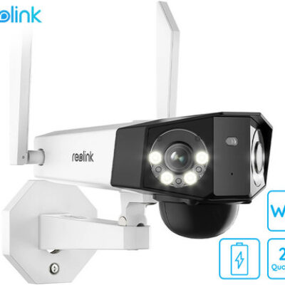 Reolink DUO B750 IP kamera, dva objektiva, 2K 6MP Quad HD, Dual WiFi, baterija, 180° snemalni kot, barvno nočno snemanje, LED reflektorji, aplikacija, IP66 vodoodpornost, dvosmerna komunikacija, bela