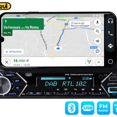 TREVI SCD 5753 DAB avto radio, 1DIN, FM Radio, Bluetooth, 4x40W, MP3 / USB / AUX, nosilec za telefon, daljinski upravljalnik, aplikacija