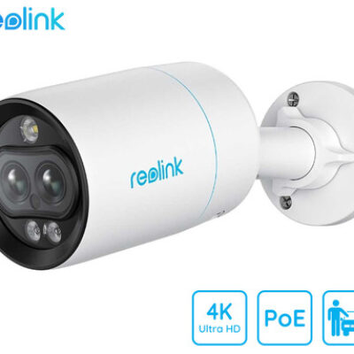 Reolink P330M IP kamera, dva objektiva, 4K 8MP Ultra HD, PoE, barvno nočno snemanje, LED reflektor, aplikacija, IP66 vodoodpornost, dvosmerna komunikacija, bela