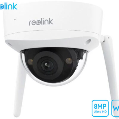 Reolink W437 IP kamera, 8MP Ultra HD, zaščita IK10, WiFi 6, IR nočno snemanje, LED reflektorji, aplikacija, vodoodporna, dvosmerna komunikacija, bela