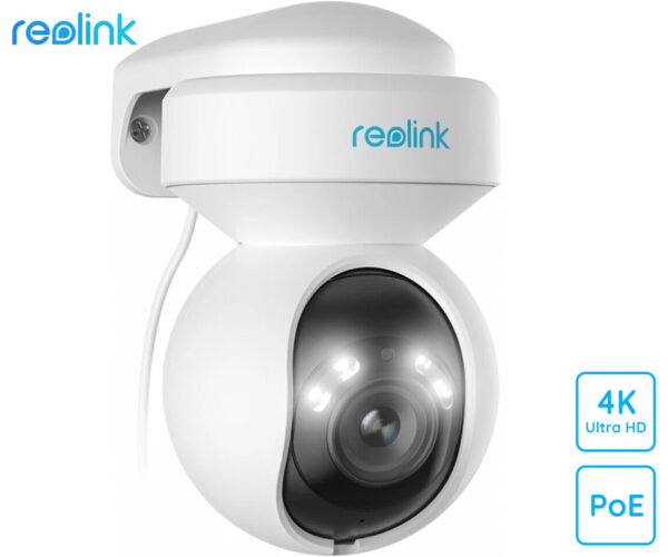 Reolink E560P IP kamera, PoE, 4K 8MP Ultra HD, vrtenje in nagibanje, IR nočno snemanje, LED reflektorji, aplikacija, vodoodporna, dvosmerna komunikacija, bela