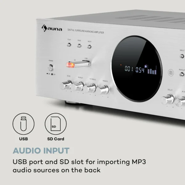 Auna AMP-218 BT, digitalni prostorski ojačevalnik, 5.1, 2 x 120 W, 3 x 50 W, RMS, BT, srebrne barve - Image 5