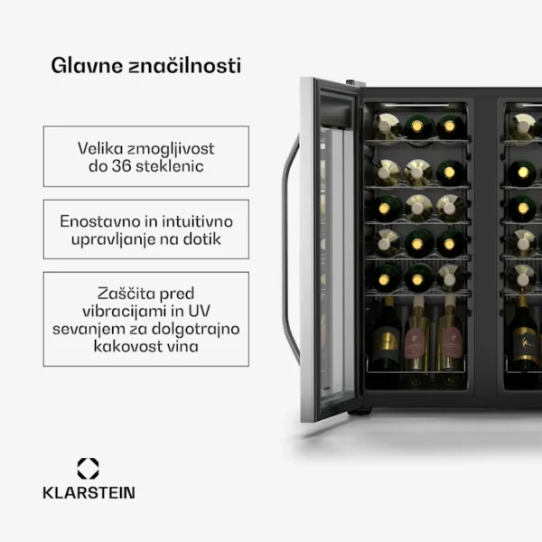 Klarstein Vinamour hladilnik za vino, 2 hladilni coni, 7 polic, upravljanje na dotik (36 steklenic), črna - Image 2