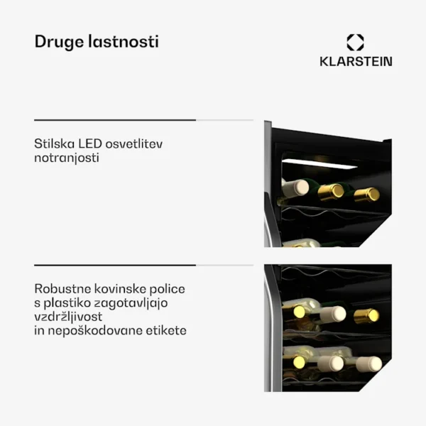 Klarstein Vinamour hladilnik za vino, 2 hladilni coni, 7 polic, upravljanje na dotik (36 steklenic), črna - Image 5
