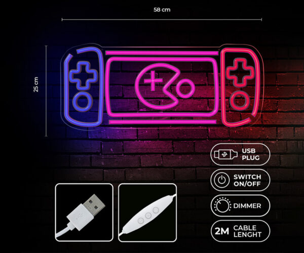 FOREVER Console NEON LED luč, dekorativna, prilagodljiva svetlost, napajanje na USB, stikalo za vklop / izklop, 580x250mm, modra, rdeča, roza - Image 2