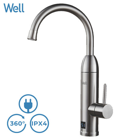 WELL CREEK električna grelna pipa, 3000W, 360° vrtenje, 110cm kabel, LCD zaslon, IPX4 vodoodpornost, topla/vroča voda v nekaj sekundah, nerjaveče jeklo, 40×24.5x11cm