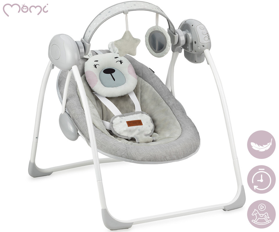 MoMi LISS otroški gugalnik / zibelka, medved, 5 stopenj hitrosti, 8 melodij, časovnik, igrače, varnostni pasovi, zložljiv, roza, siva