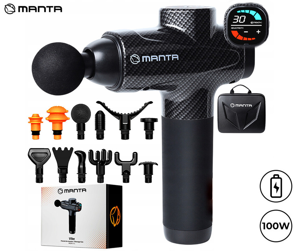 MANTA MGM-01C VIBE masažna pištola, 100W, polnilna baterija, 30 stopenj hitrosti, 12 nastavkov, indikator pritiska, LCD zaslon, torbica, črna (Carbon Black)