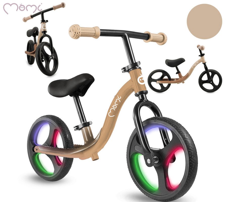 MoMi ISOKA otroško kolo / poganjalec, 10″ kolesa, nastavljivo krmilo in sedež, LED osvetlitev, protizdrsni ročaji, opora za noge, ultra lahka teža, 83x52x41.5cm, bež