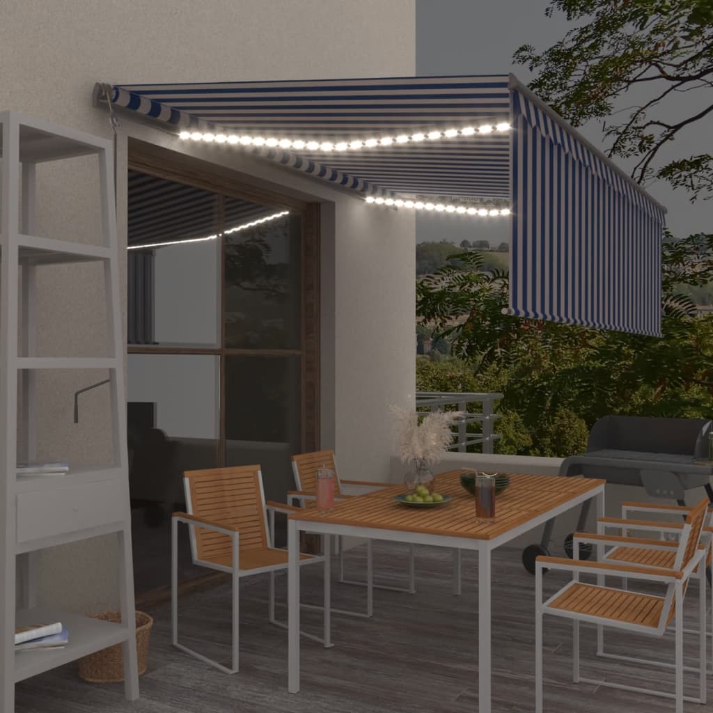 Avtomatska tenda s senčilom LED + senzor 4,5×3 m modra in bela