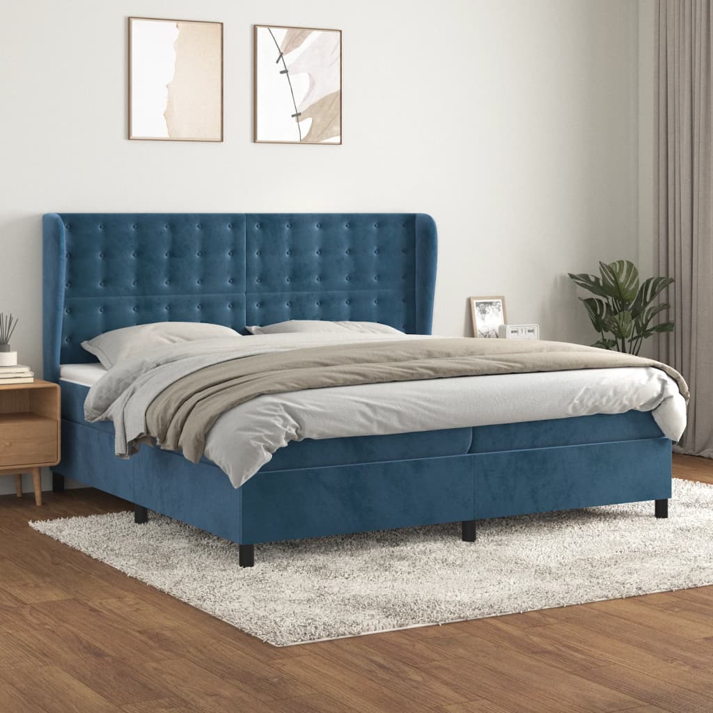Box spring postelja z vzmetnico temno modra 200×200 cm žamet