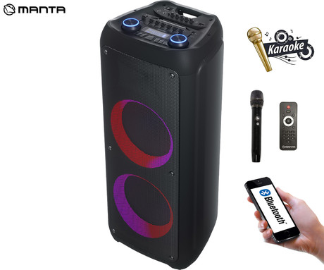 MANTA SPK1202B250 KRIOS prenosni KARAOKE zvočnik, Bluetooth, TWS, Equalizer, polnilna baterija, Super Bass, USB / microSD / AUX / MIC-in, + mikrofon, + daljinec, črn
