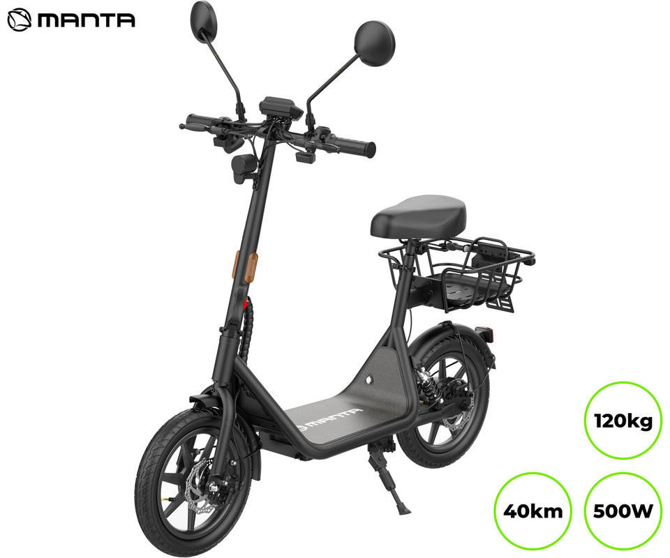 MANTA MES1402J FLINSTONE 14″ električni skiro, 14″ gume, 500W motor, 40km doseg, 48V 13.5Ah baterija, vzmetenje, LCD zaslon, LED osvetlitev, ogledala, košara, nosilec, disk zavore, aplikacija, črn