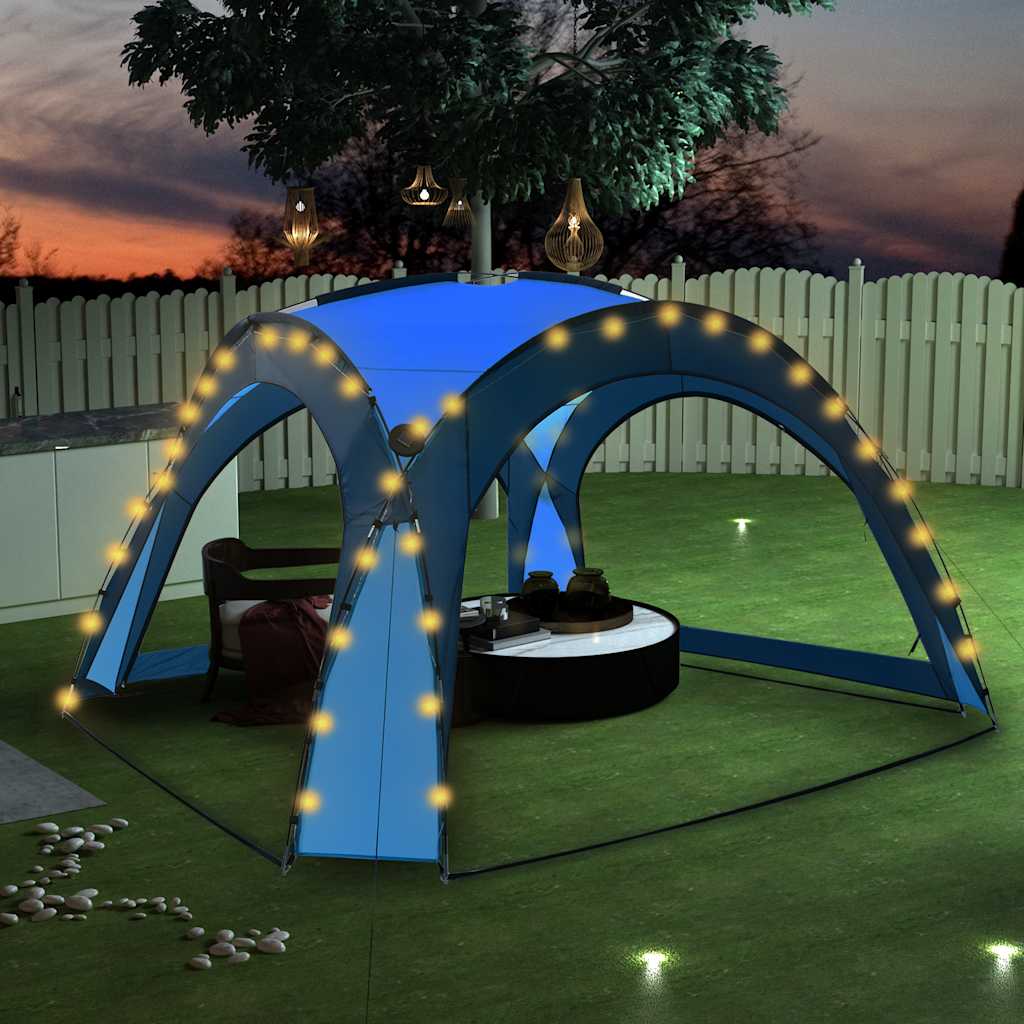 Vrtni šotor z LED lučmi in 4 stranicami 3,6×3,6×2,3 m moder