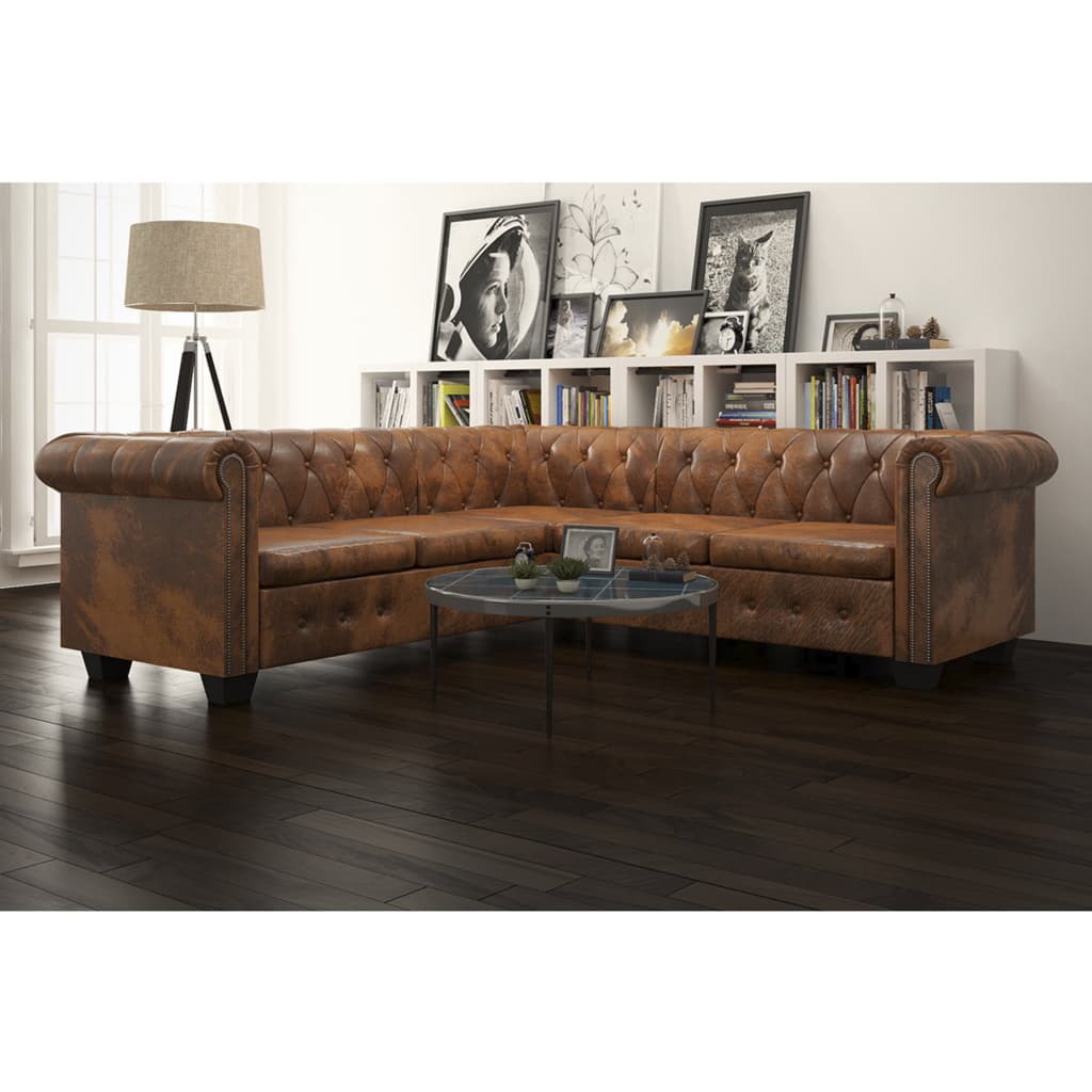Chesterfield kotni kavč s 5 sedeži rjave barve umetno usnje