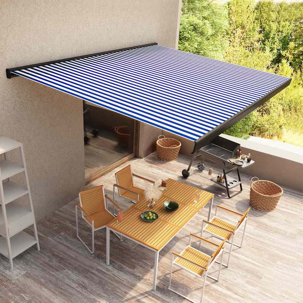 Motorizirana kasetna tenda 500×300 cm modra in bela