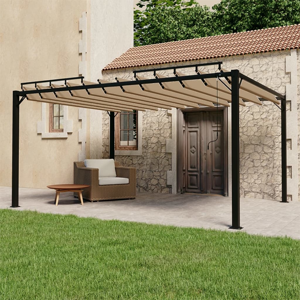 Paviljon z rešetkasto streho 3×4 m taupe blago in aluminij