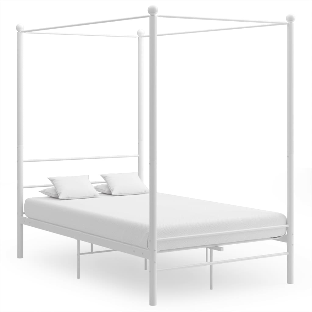 Posteljni okvir z ogrodjem za baldahin bel kovinski 140×200 cm