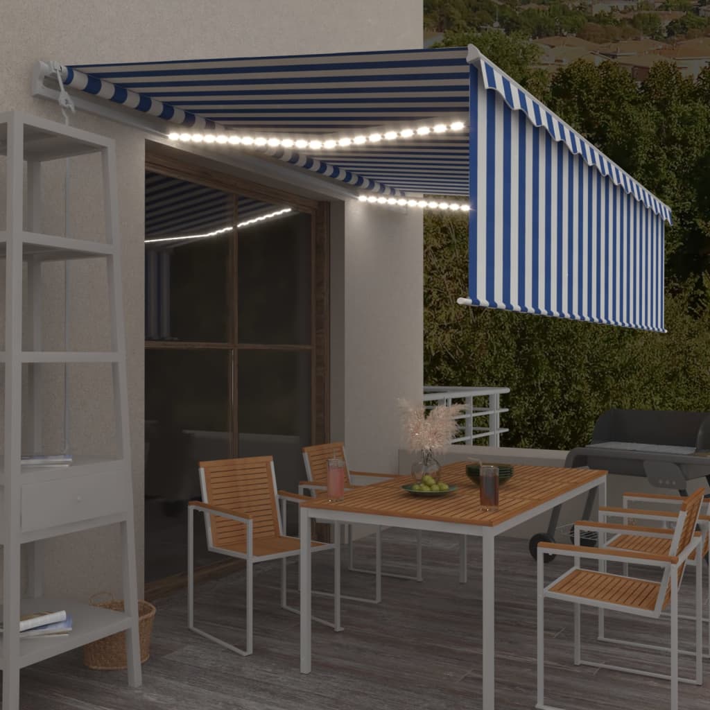 Avtomatska tenda s senčilom LED + senzor 5×3 m modra in bela