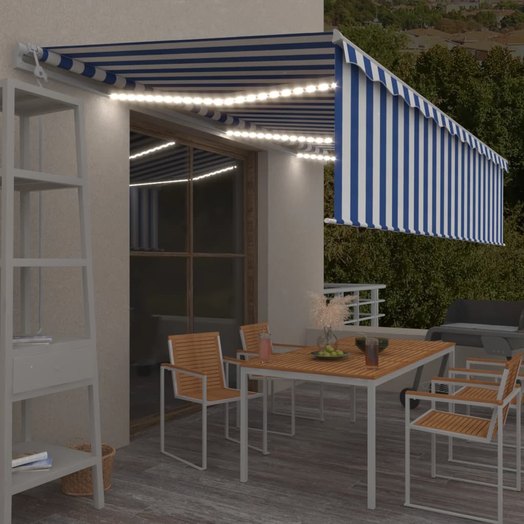 Avtomatska tenda s senčilom LED + senzor 6×3 m modra in bela