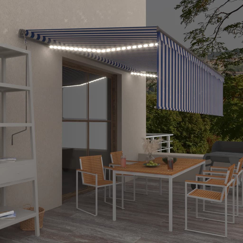 Avtomatska tenda s senčilom LED + senzor 5×3 m modra in bela