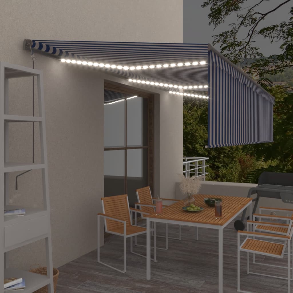 Avtomatska tenda s senčilom LED + senzor 6×3 m modra in bela