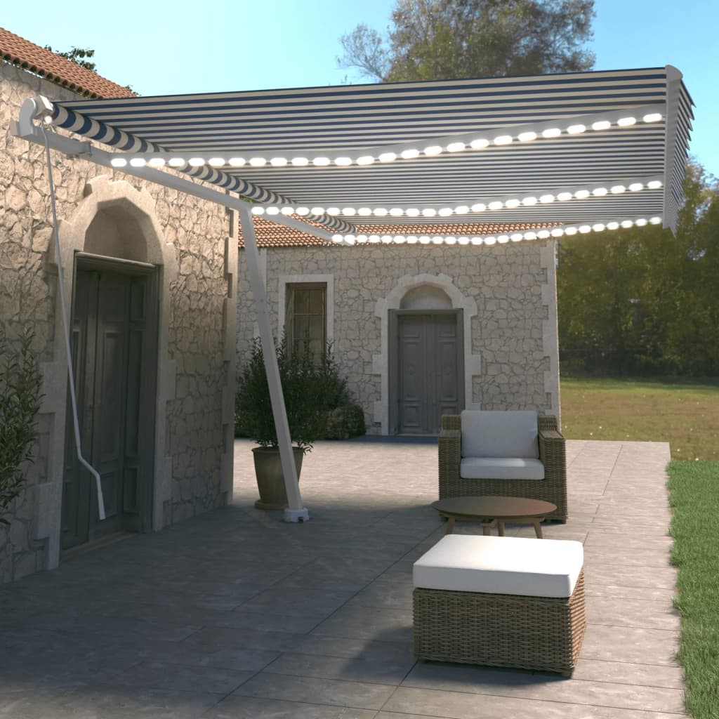 Ročno zložljiva tenda z LED lučmi 600×350 cm modra in bela