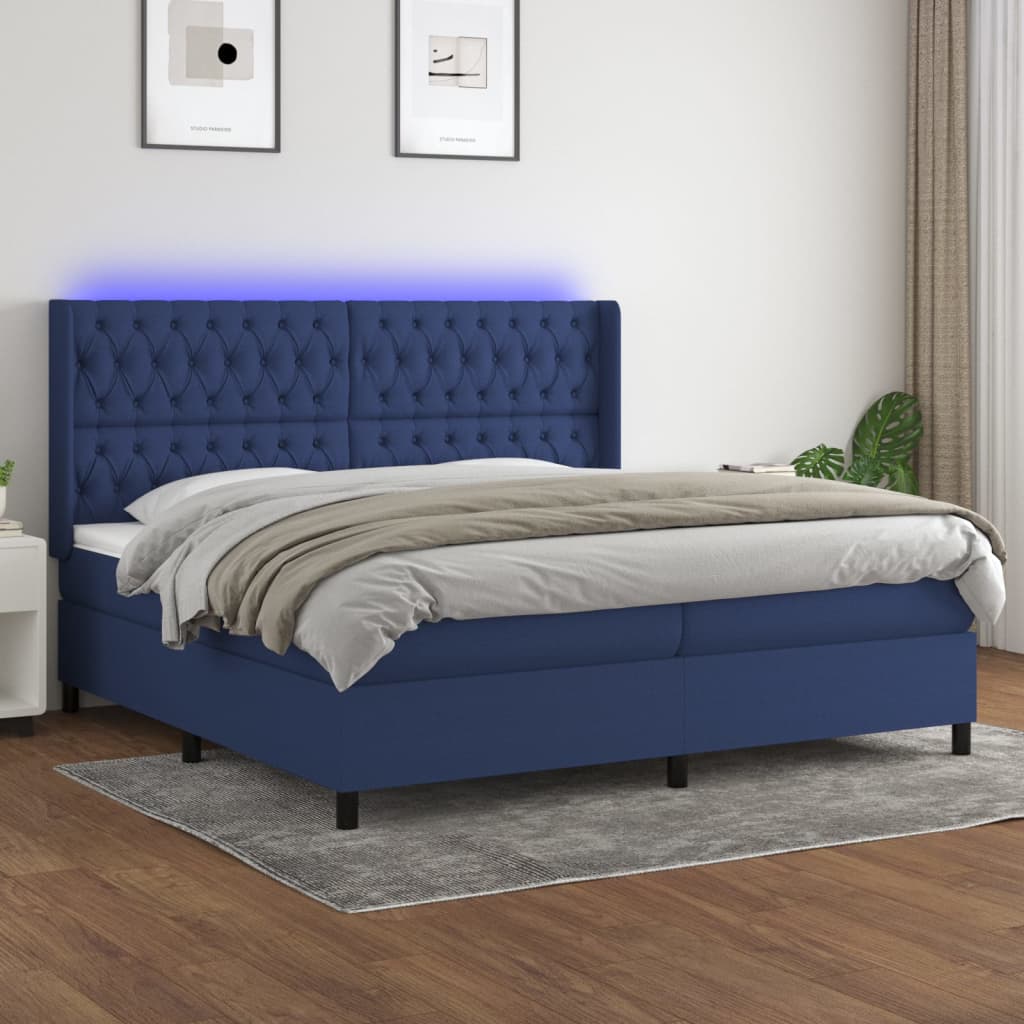 Box spring postelja z vzmetnico LED modra 200×200 cm blago