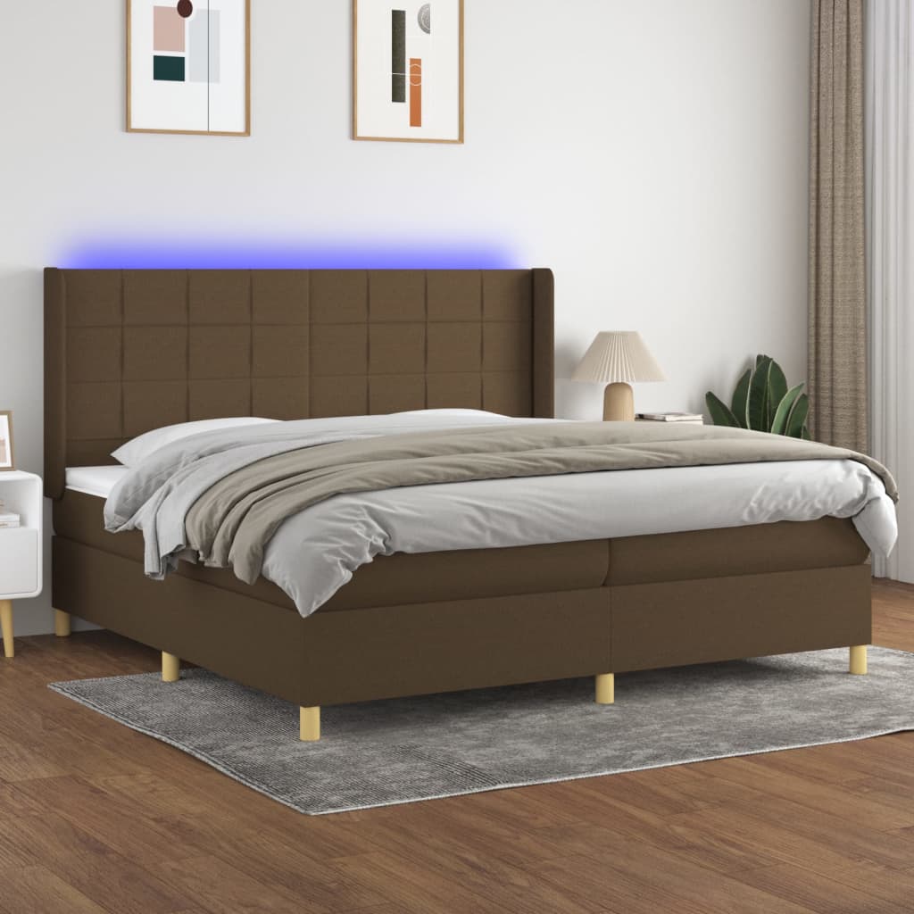 Box spring postelja z vzmetnico LED temno rjava 200x200cm blago