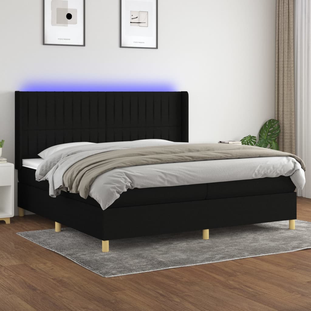 Box spring postelja z vzmetnico LED črna 200×200 cm blago