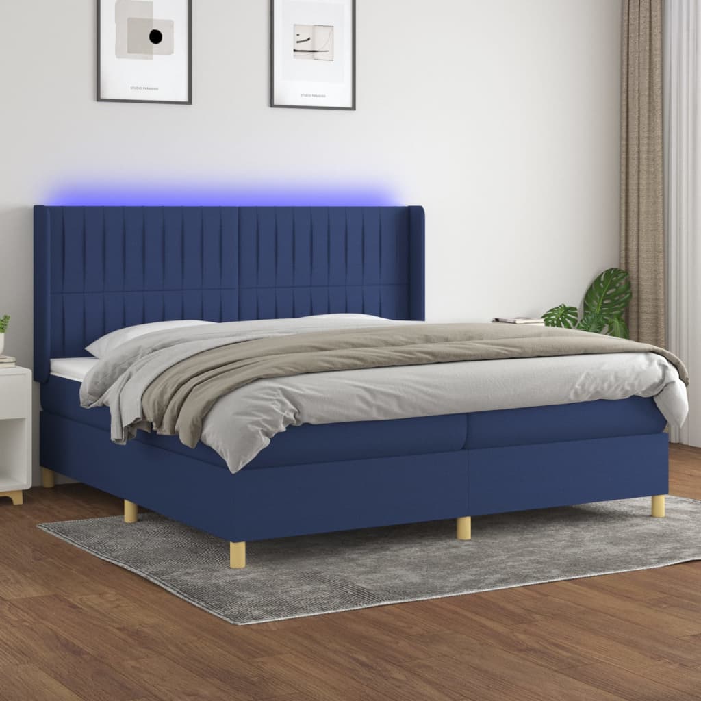 Box spring postelja z vzmetnico LED modra 200×200 cm blago