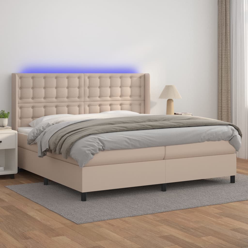 Box spring postelja vzmetnico LED kapučino 200×200 cm um. usnje