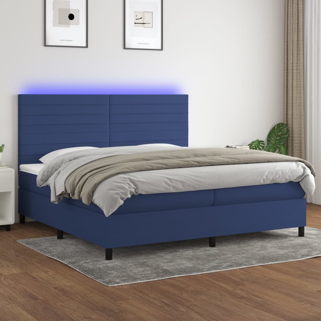 Box spring postelja z vzmetnico LED modra 200×200 cm blago