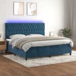 Box spring postelja z vzmetnico LED temno modra 200x200cm žamet