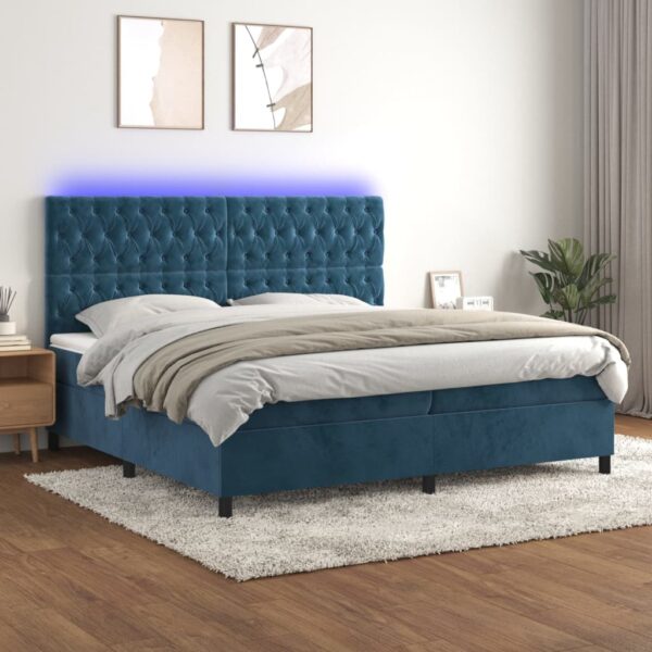 Box spring postelja z vzmetnico LED temno modra 200x200cm žamet
