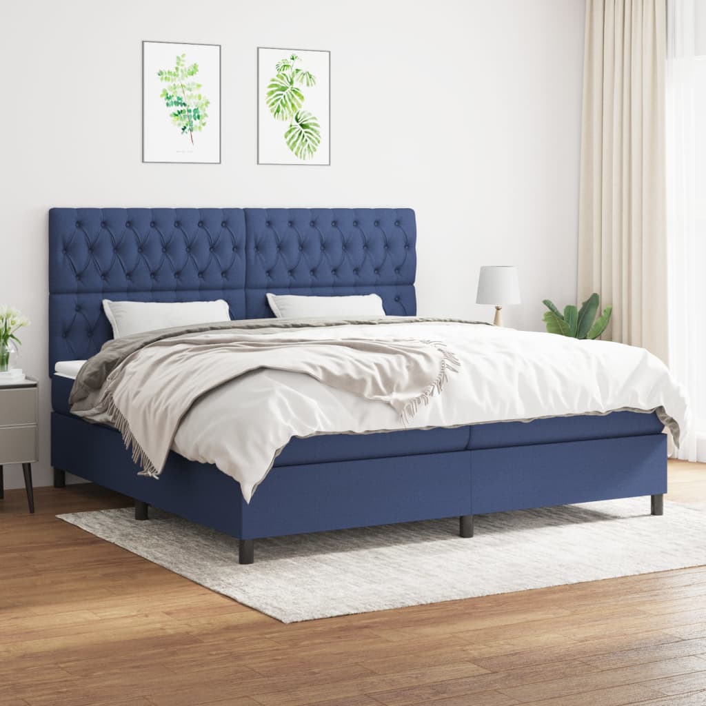 Box spring postelja z vzmetnico moder 200×200 cm blago