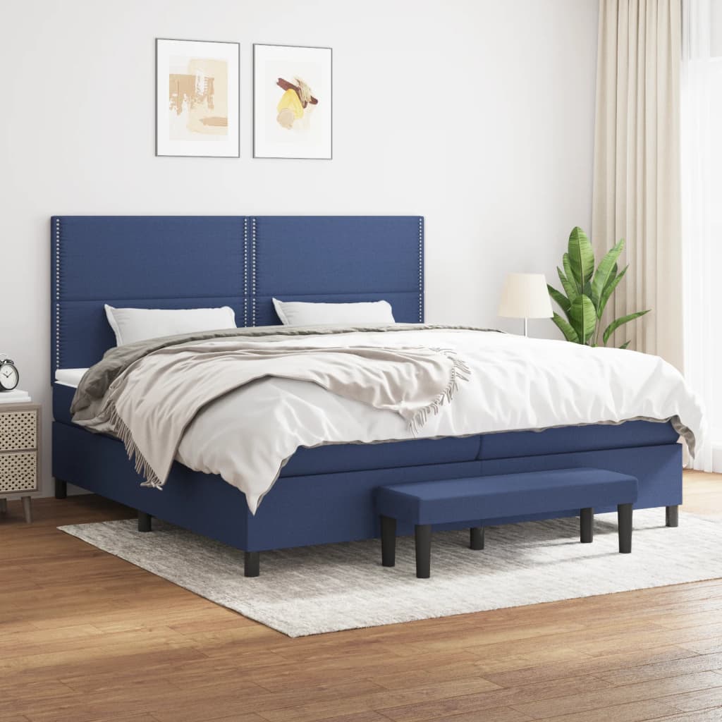 Box spring postelja z vzmetnico moder 200×200 cm blago