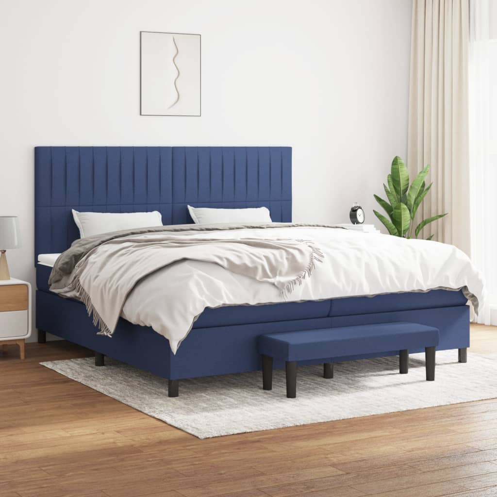 Box spring postelja z vzmetnico moder 200×200 cm blago