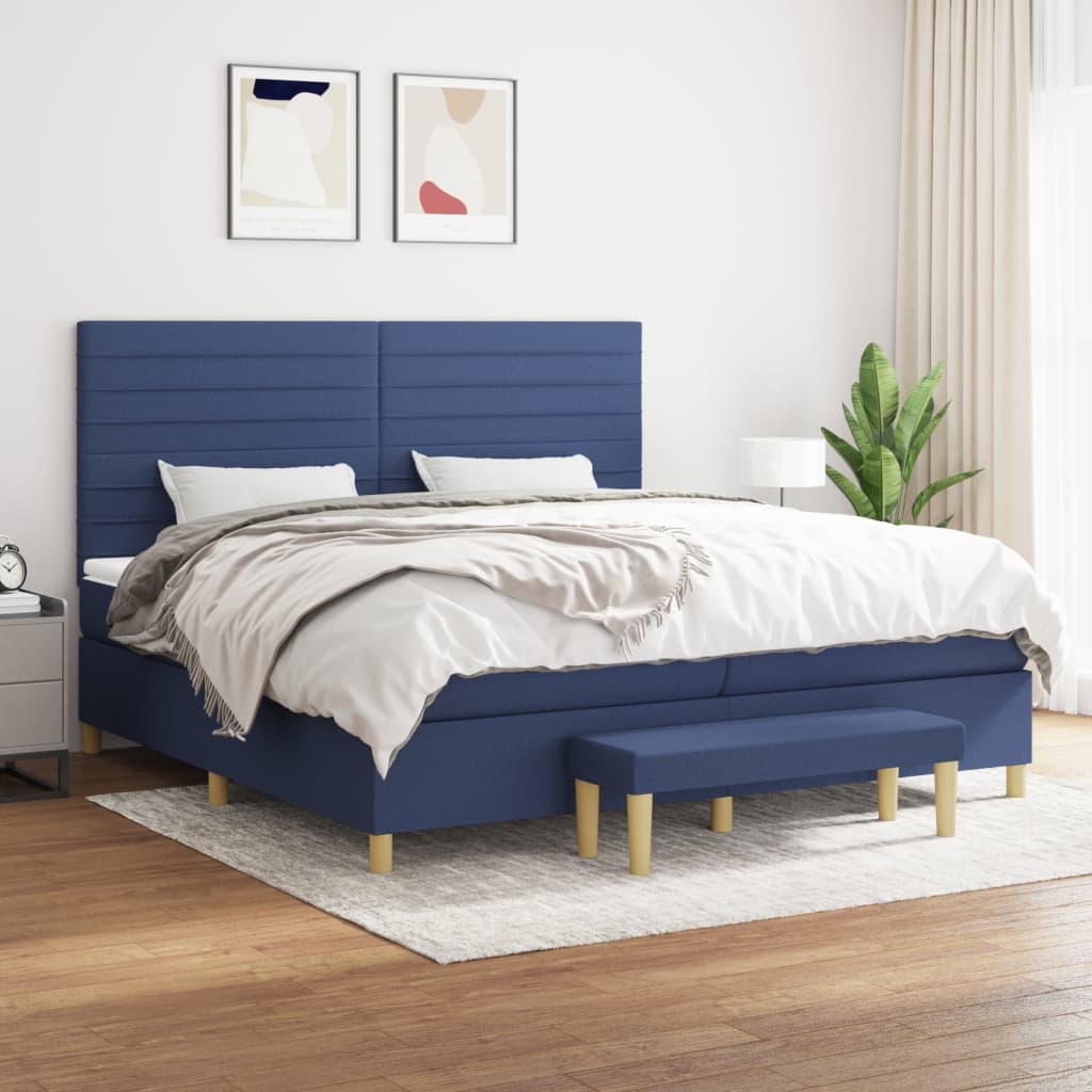 Box spring postelja z vzmetnico moder 200×200 cm blago