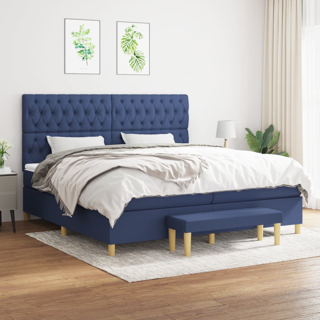 Box spring postelja z vzmetnico moder 200×200 cm blago